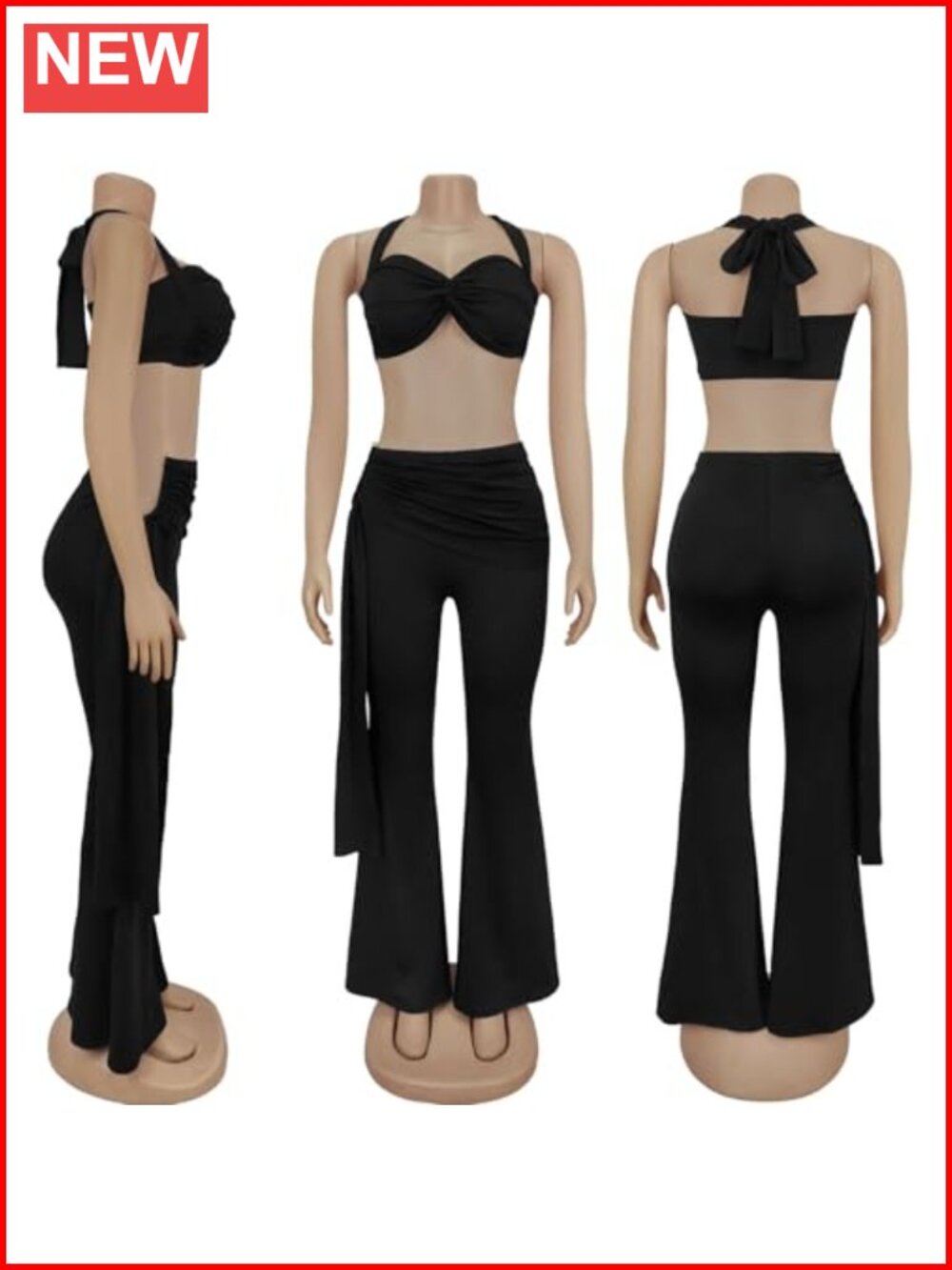 Halter Bandage Crop Top and High Waist Flare Pants Set Club Party Outfits - Picture 5 of 6